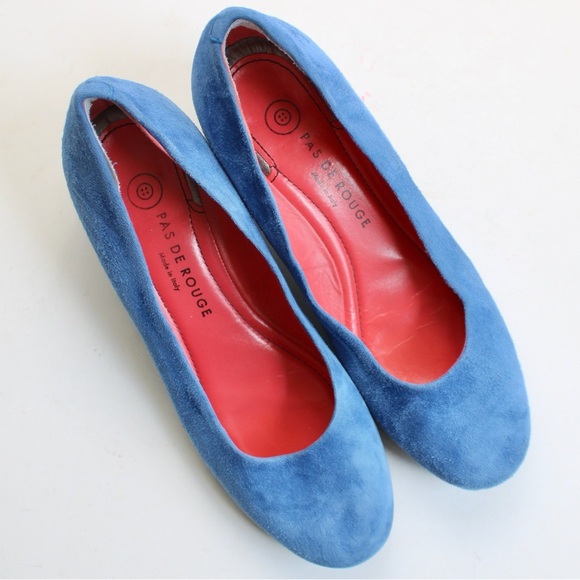 Pas de Rouge Blue Suede Round Toe Embellished Studded Block Heel 2190 Size 7.5 - Picture 3 of 9